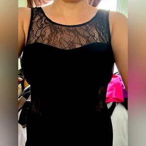Lace inserts black flare dress